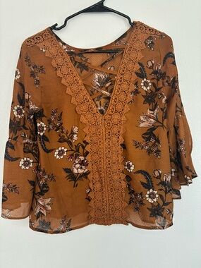 Rewind Rust Floral Lace-Trim V-Neck Blouse